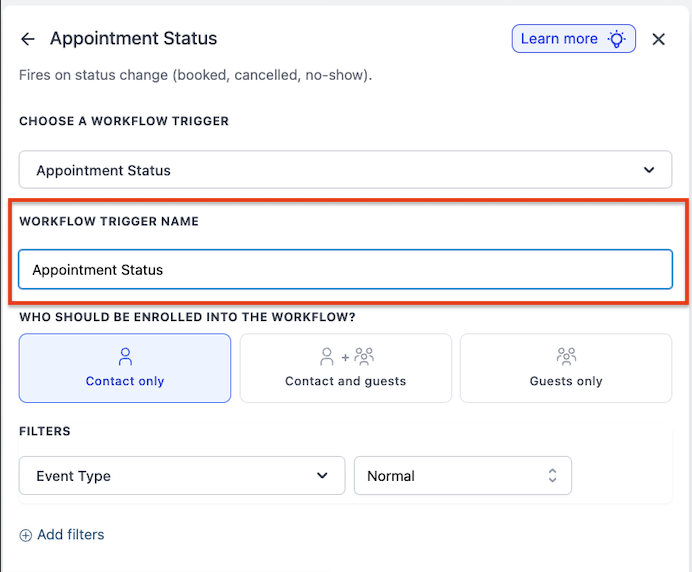 Naming an appointment status trigger for no-show follow-up in HighLevel